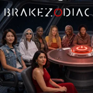 A mixed group sitting in a space craft around a glowing off symbol, Brake Zodiac logo overlain